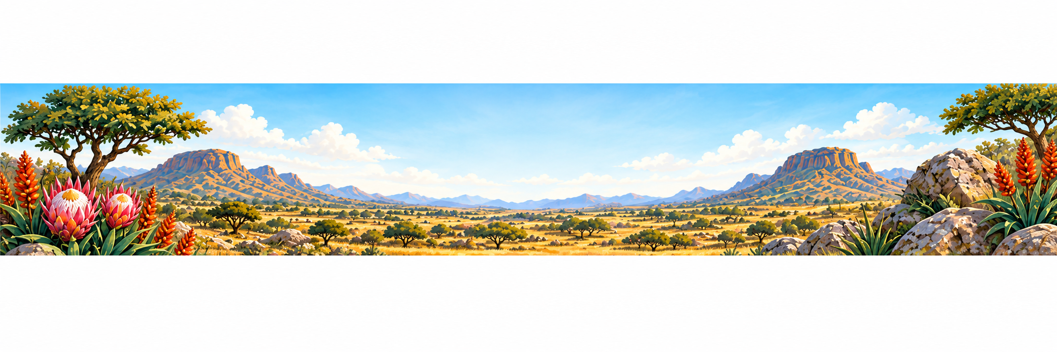 Illustrated South African learning landscape with proteas, mountains and savanna