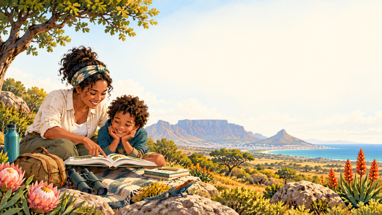 Illustration of a caregiver and child reading outdoors with Table Mountain in the distance
