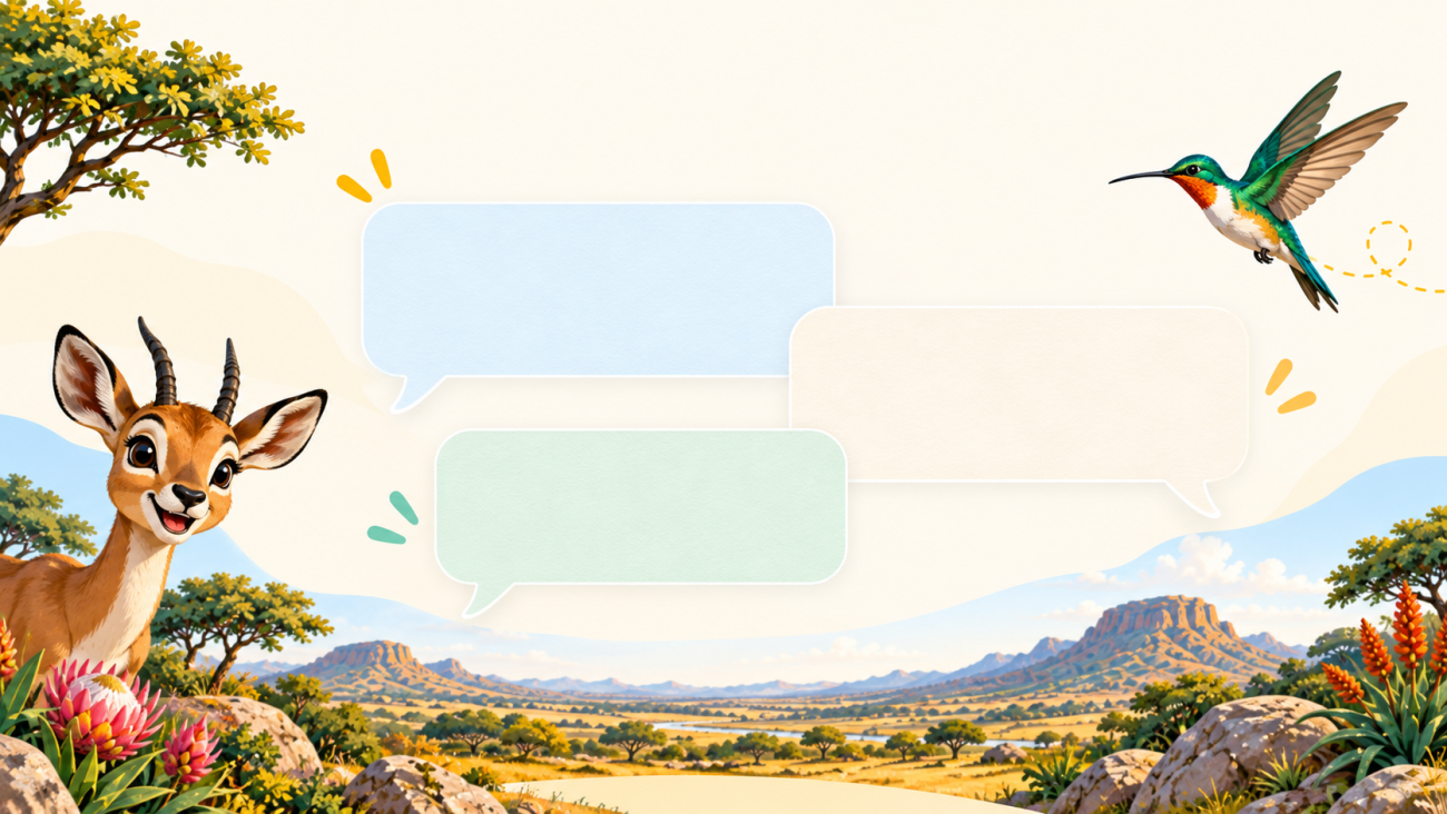 Learnwild community illustration with a young antelope, hummingbird and blank conversation panels